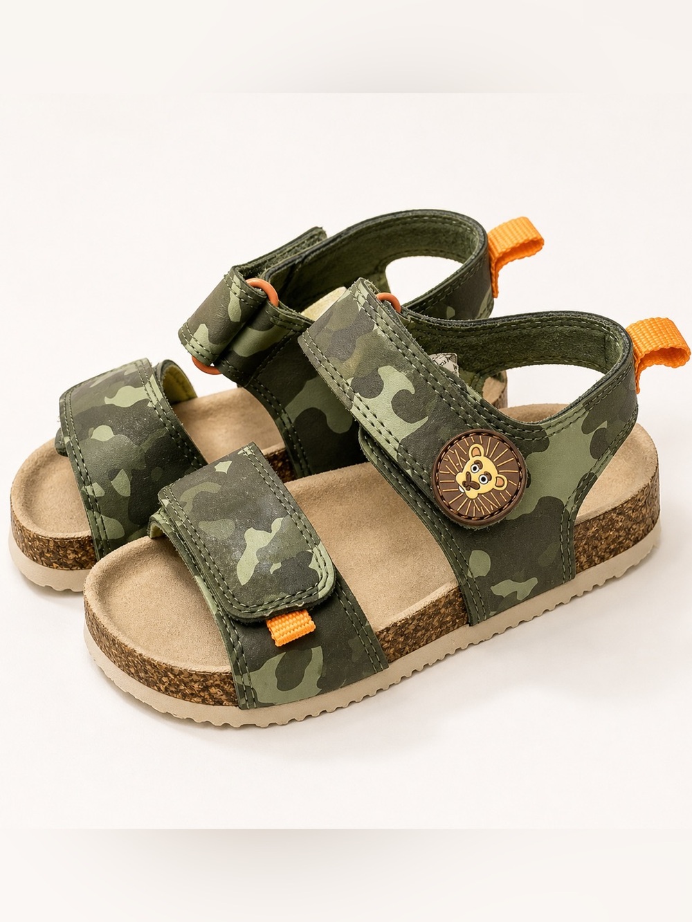 Gymboree Green Camo Sandals with Lion Charm and Orange Tabs